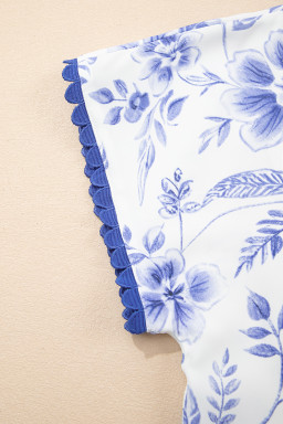 Blue Floral V-Neck Short Sleeve Blouse