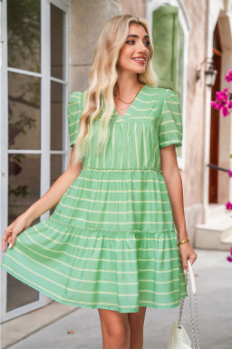 Green Striped V Neck Frill Tiered Mini Dress