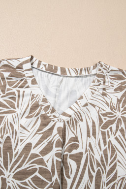 Khaki Floral Print V Neck Short Sleeve Loose Fit Blouse