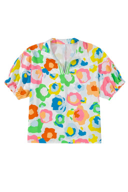 Green Abstract Leopard Short Sleeve Pop of Color Neckline Blouse