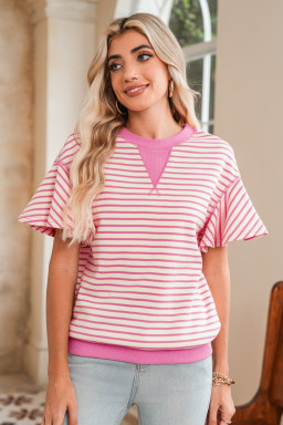 Sachet Pink Striped Ruffle Sleeve Round Neck Top
