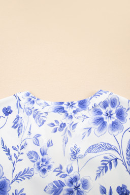 Blue Floral V-Neck Short Sleeve Blouse