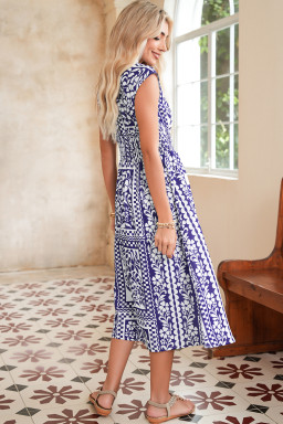 Dirty Blue Floral Print Smocked Waist Sleeveless Dress