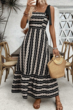Black Geometric Striped Knot Strap Maxi Dress