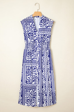 Dirty Blue Floral Print Smocked Waist Sleeveless Dress