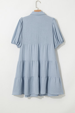 Beau Blue Shirt Collar Button Up Short Puff Sleeve Tiered Shift Dress