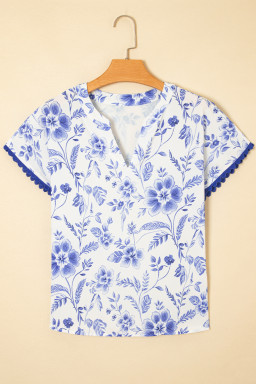 Blue Floral V-Neck Short Sleeve Blouse