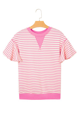Sachet Pink Striped Ruffle Sleeve Round Neck Top