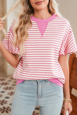 Sachet Pink Striped Ruffle Sleeve Round Neck Top