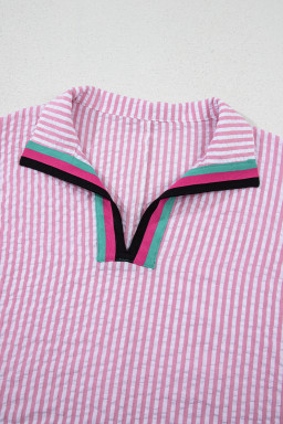 Sachet Pink Striped Dolman Sleeve Pop of Color Neckline Blouse