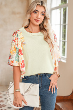 Beige Floral Patchwork Batwing Sleeve Blouse