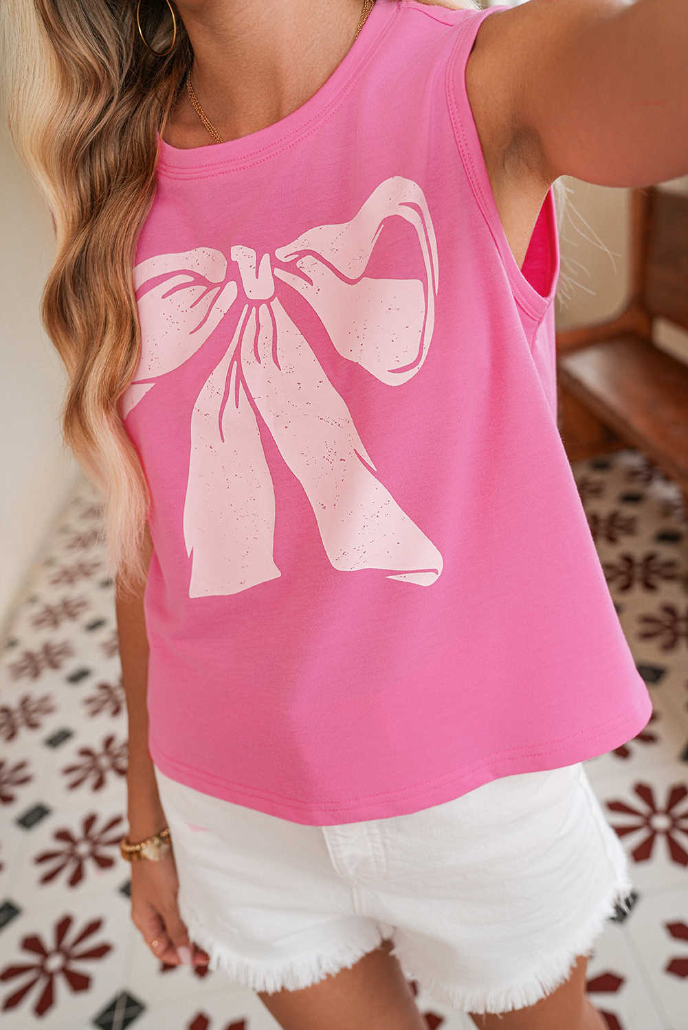 Sachet Pink Bow Casual Sleeveless Tee