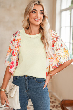 Beige Floral Patchwork Batwing Sleeve Blouse