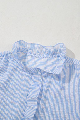 Beau Blue Striped Bubble Sleeve Ruffle Shirt