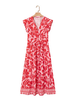Red Boho Floral V-Neck Ruffle Shoulder Maxi Dress