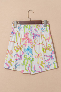 White Colorful Bow Print Pocket Shorts
