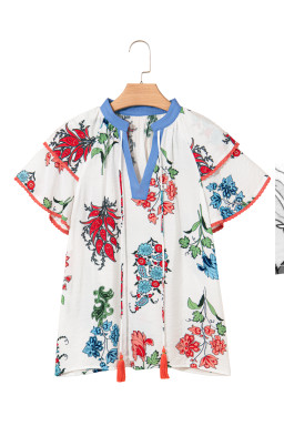 White Floral Tassel Tie V-Neck Lace Trim Ruffle Blouse
