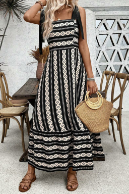 Black Geometric Striped Knot Strap Maxi Dress