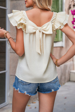 Beige Textured Bow Frilled Ruffle Sleeve Blouse