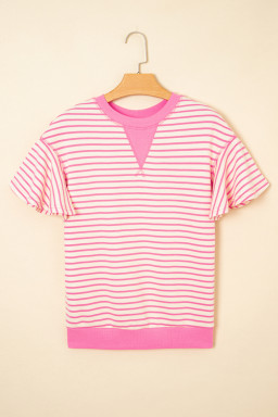Sachet Pink Striped Ruffle Sleeve Round Neck Top