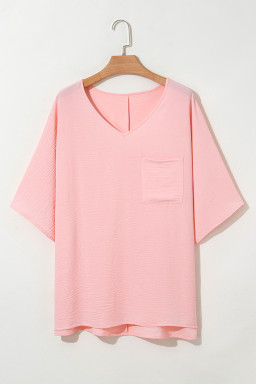 Pink Solid Color V Neck Textured Plus Size Blouse