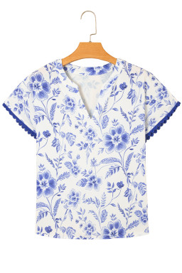 Blue Floral V-Neck Short Sleeve Blouse
