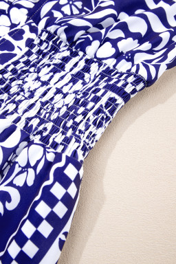 Dirty Blue Floral Print Smocked Waist Sleeveless Dress