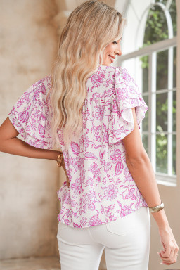 Pink Ruffle Sleeve Frill V Neck Boho Floral Blouse