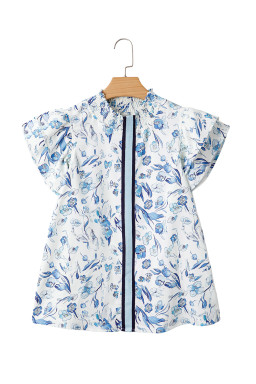 Sky Blue Ruffle Short Sleeve Floral Print Pop of Color Neckline Blouse
