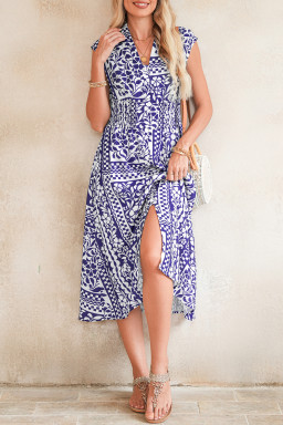 Dirty Blue Floral Print Smocked Waist Sleeveless Dress