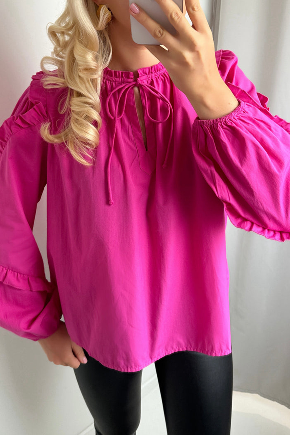 Pink Ruffle Neck Blouse Bright Pink Solid Color Frill V Neck Ruffle Blouse