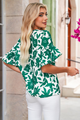 Green Floral Print Ruffle Short Sleeve Loose Blouse