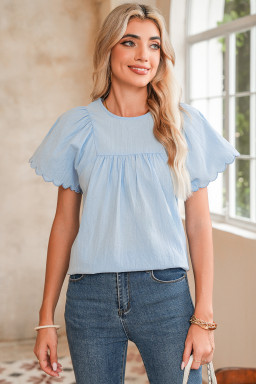 Beau Blue Embroidered Scallop Trim Sleeve Pleated Blouse