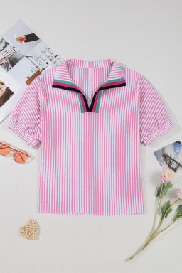 Sachet Pink Striped Dolman Sleeve Pop of Color Neckline Blouse