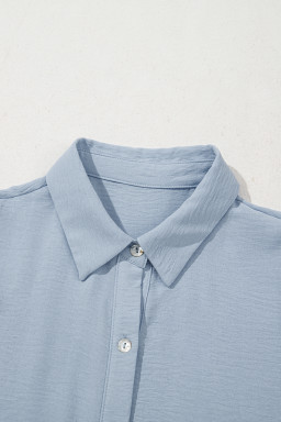 Beau Blue Shirt Collar Button Up Short Puff Sleeve Tiered Shift Dress