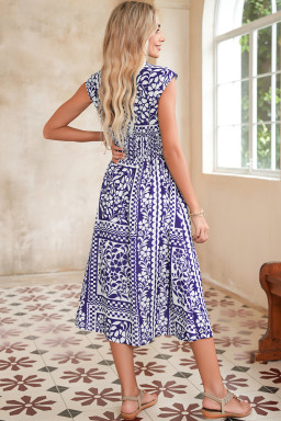 Dirty Blue Floral Print Smocked Waist Sleeveless Dress