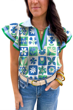 Green Floral Plaid Colorblock Flutter Sleeve Blouse