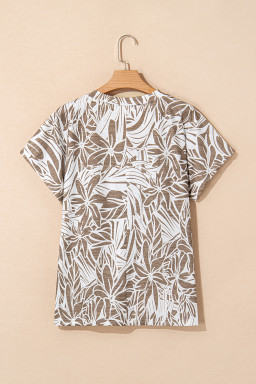 Khaki Floral Print V Neck Short Sleeve Loose Fit Blouse