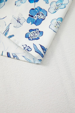 Sky Blue Ruffle Short Sleeve Floral Print Pop of Color Neckline Blouse