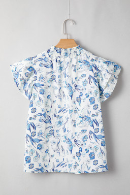 Sky Blue Ruffle Short Sleeve Floral Print Pop of Color Neckline Blouse