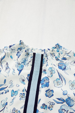Sky Blue Ruffle Short Sleeve Floral Print Pop of Color Neckline Blouse