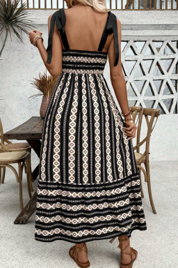 Black Geometric Striped Knot Strap Maxi Dress