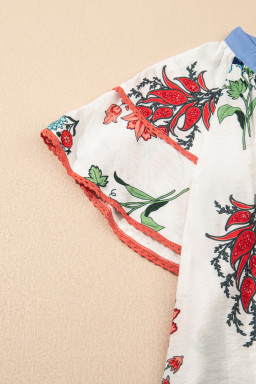 White Floral Tassel Tie V-Neck Lace Trim Ruffle Blouse