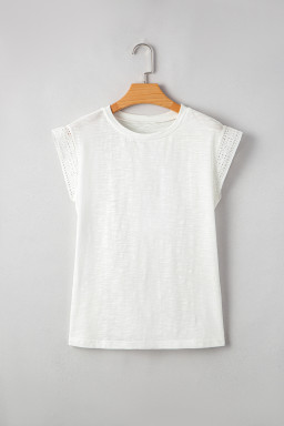White Lace Patchwork Cap Sleeve Round Neck Top