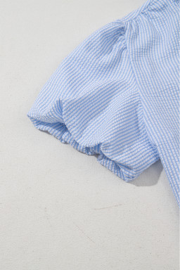 Beau Blue Striped Bubble Sleeve Ruffle Shirt