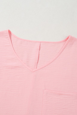 Pink Solid Color V Neck Textured Plus Size Blouse