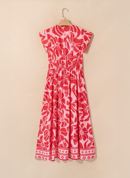 Red Boho Floral V-Neck Ruffle Shoulder Maxi Dress