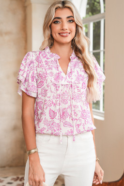 Pink Ruffle Sleeve Frill V Neck Boho Floral Blouse