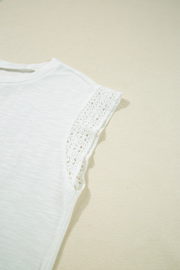 White Lace Patchwork Cap Sleeve Round Neck Top