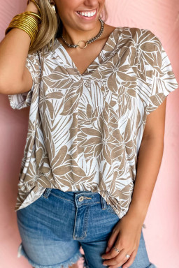 Khaki Floral Print V Neck Short Sleeve Loose Fit Blouse